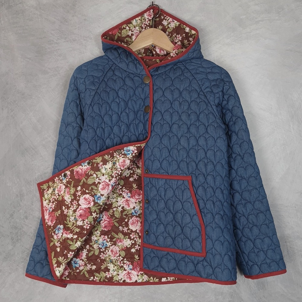 ModCloth Quilted Jacket Womens Small Blue Heart Hooded Floral Lined Pockets